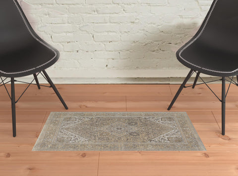 2' X 3' Brown And Ivory Medallion Distressed Area Rug
