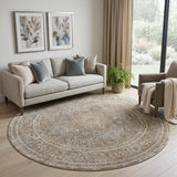 8' Tan Brown And Gray Medallion Distressed Round Rug