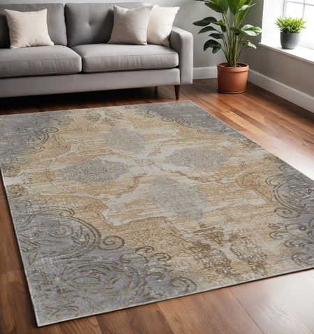 5' X 8' Tan and Gray Floral Power Loom Non Skid Area Rug