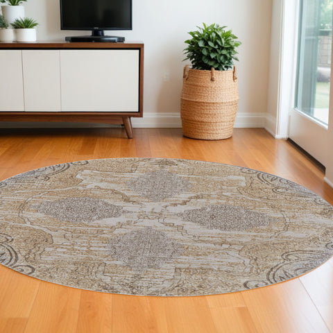 8' Tan And Gray Medallion Distressed Round Rug