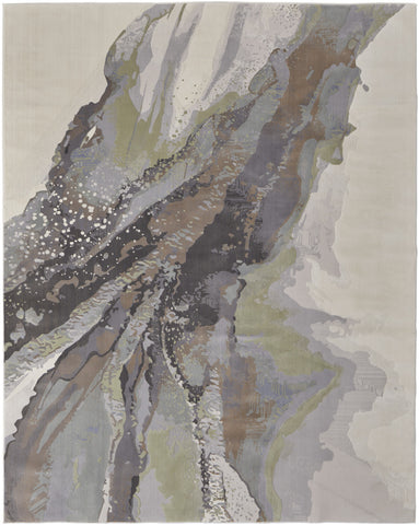 5' X 8' Green Purple And Ivory Abstract Area Rug