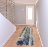 8' Blue Green And Ivory Abstract Power Loom Distressed Runner Rug