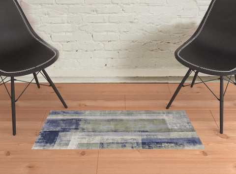 2' X 3' Blue Green And Ivory Abstract Distressed Area Rug