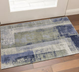 2' X 3' Blue Green And Ivory Abstract Distressed Area Rug