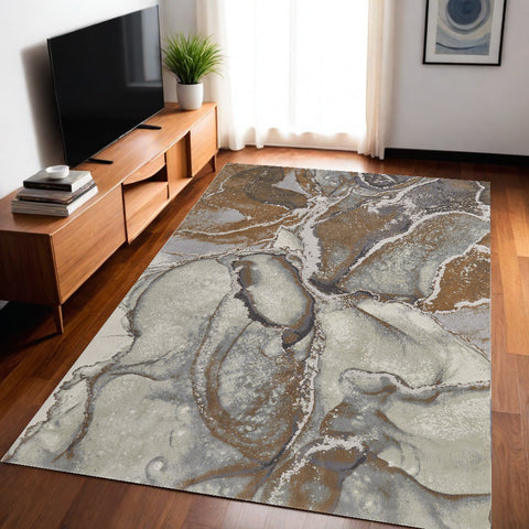 5' X 8' Gray and Brown Marble Power Loom Area Rug