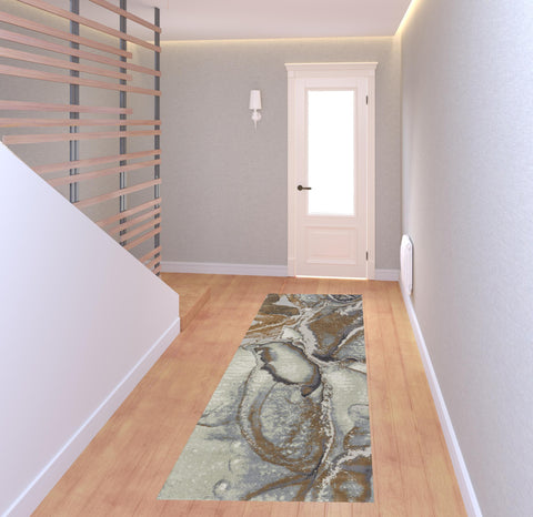 8' Gray And Brown Marble Runner Rug