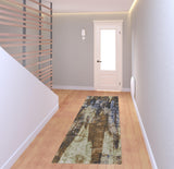 8' Brown Blue And Ivory Abstract Power Loom Distressed Runner Rug