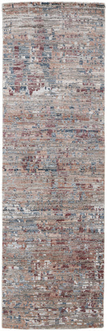 8' Red And Blue Wool Abstract Hand Knotted Runner Rug