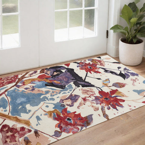 2' X 3' Blue and Red Floral Hand Tufted Area Rug