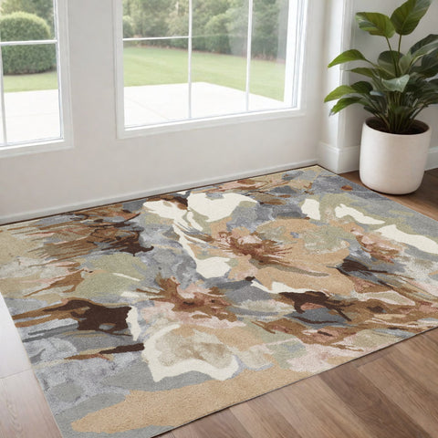 2' X 3' Tan and Gray Wool Floral Hand Tufted Area Rug