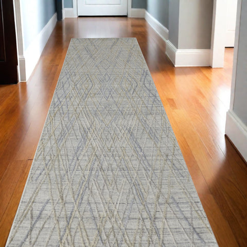 10' Gray and Ivory Abstract Hand Woven Runner Rug