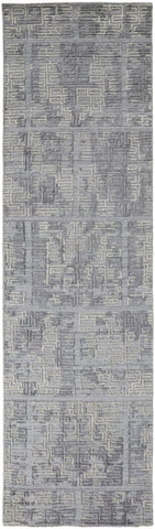 10' Gray and Ivory Abstract Hand Woven Runner Rug