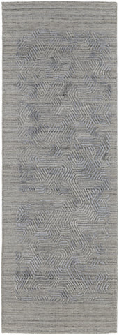 8' Gray and Blue Abstract Hand Woven Runner Rug