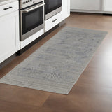 8' Gray and Blue Abstract Hand Woven Runner Rug