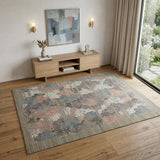 4' X 6' Pink and Blue Abstract Hand Woven Distressed Area Rug