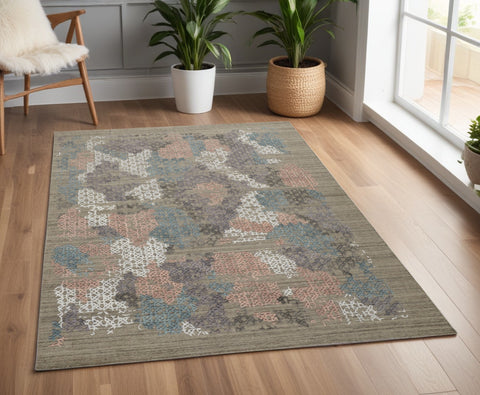 4' X 6' Pink and Blue Abstract Hand Woven Distressed Area Rug