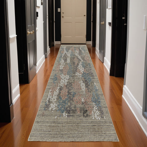 10' Pink Blue And Taupe Abstract Hand Woven Runner Rug