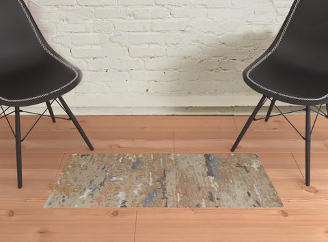 2' X 3' Tan And Blue Wool Abstract Tufted Handmade Stain Resistant Area Rug