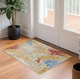 2' X 3' Ivory Yellow And Blue Wool Abstract Tufted Handmade Stain Resistant Area Rug