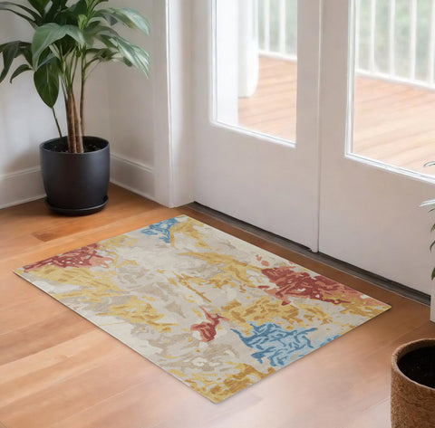 2' X 3' Ivory Yellow And Blue Wool Abstract Tufted Handmade Stain Resistant Area Rug