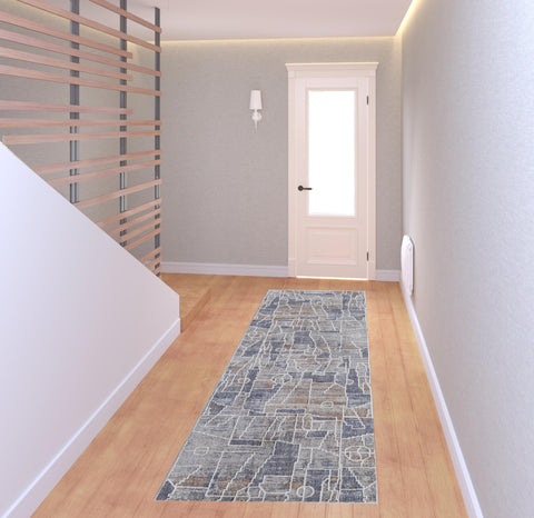 8' Blue Gray And Orange Geometric Power Loom Stain Resistant Runner Rug