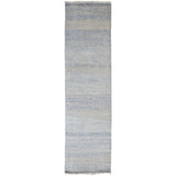 10' Blue And Silver Wool Striped Shag Hand Knotted Runner Rug