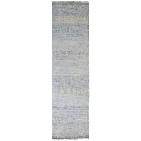 10' Blue And Silver Wool Striped Shag Hand Knotted Runner Rug