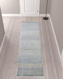 10' Blue And Silver Wool Striped Shag Hand Knotted Runner Rug
