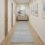 10' Blue And Silver Wool Striped Shag Hand Knotted Runner Rug