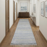 12' Blue And Silver Wool Striped Hand Knotted Runner Rug