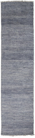 12' Blue And Gray Wool Striped Hand Knotted Runner Rug