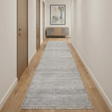 10' Silver And Gray Wool Striped Shag Hand Knotted Runner Rug
