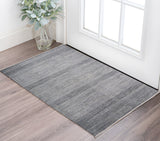 2' X 3' Blue And Silver Wool Striped Hand Knotted Area Rug