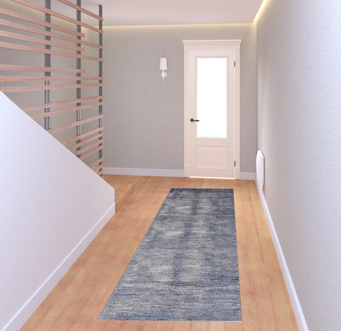 8' Blue Ivory And Gray Striped Distressed Runner Rug