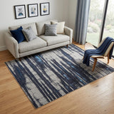 5' X 8' Ivory and Blue Abstract Power Loom Distressed Non Skid Area Rug