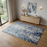 4' X 6' Blue Ivory And Gray Geometric Distressed Area Rug