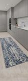 8' Blue Ivory And Gray Geometric Distressed Runner Rug