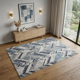 4' X 6' Ivory Blue And Gray Chevron Distressed Area Rug