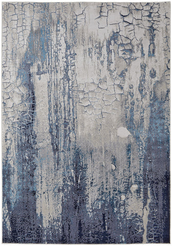 5' X 8' Ivory and Blue Abstract Power Loom Distressed Non Skid Area Rug