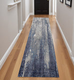 8' Ivory Blue And Black Abstract Power Loom Distressed Runner Rug