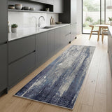 8' Ivory Blue And Black Abstract Power Loom Distressed Runner Rug