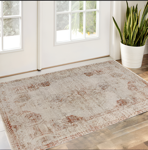 2' X 3' Gray Ivory And Burnt Orange Oriental Distressed Area Rug With Fringe