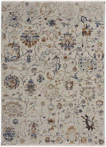 5' X 8' Ivory Blue And Burnt Orange Floral Distressed Area Rug With Fringe