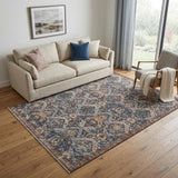 5' X 8' Ivory Blue And Burnt Orange Floral Area Rug With Fringe
