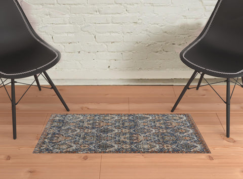 2' X 3' Ivory Blue And Burnt Orange Floral Area Rug With Fringe
