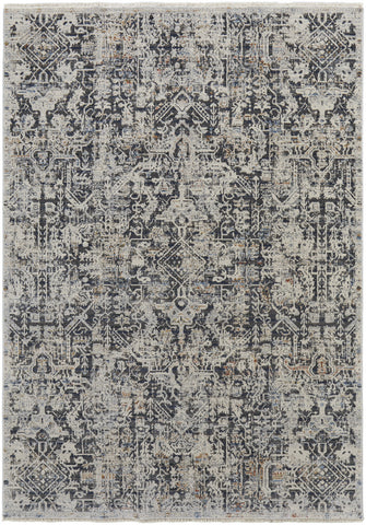 5' X 8' Gray and Ivory Abstract Power Loom Distressed Non Skid Area Rug With Fringe
