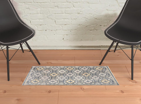 2' X 3' Blue And Gold Floral Stain Resistant Area Rug