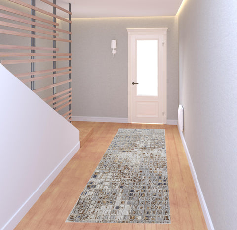 8' Tan Ivory And Blue Geometric Distressed Runner Rug