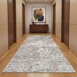 12' Tan Ivory And Blue Geometric Power Loom Distressed Runner Rug