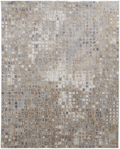 2' X 3' Tan Ivory And Blue Geometric Distressed Area Rug
